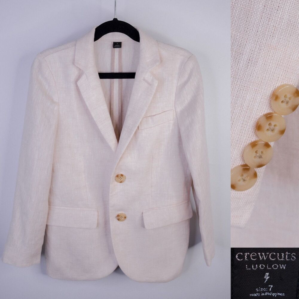 Crewcuts Ludlow Blazer 100% Linen Boys Size 7 Beige Two-Button Suit Jacket